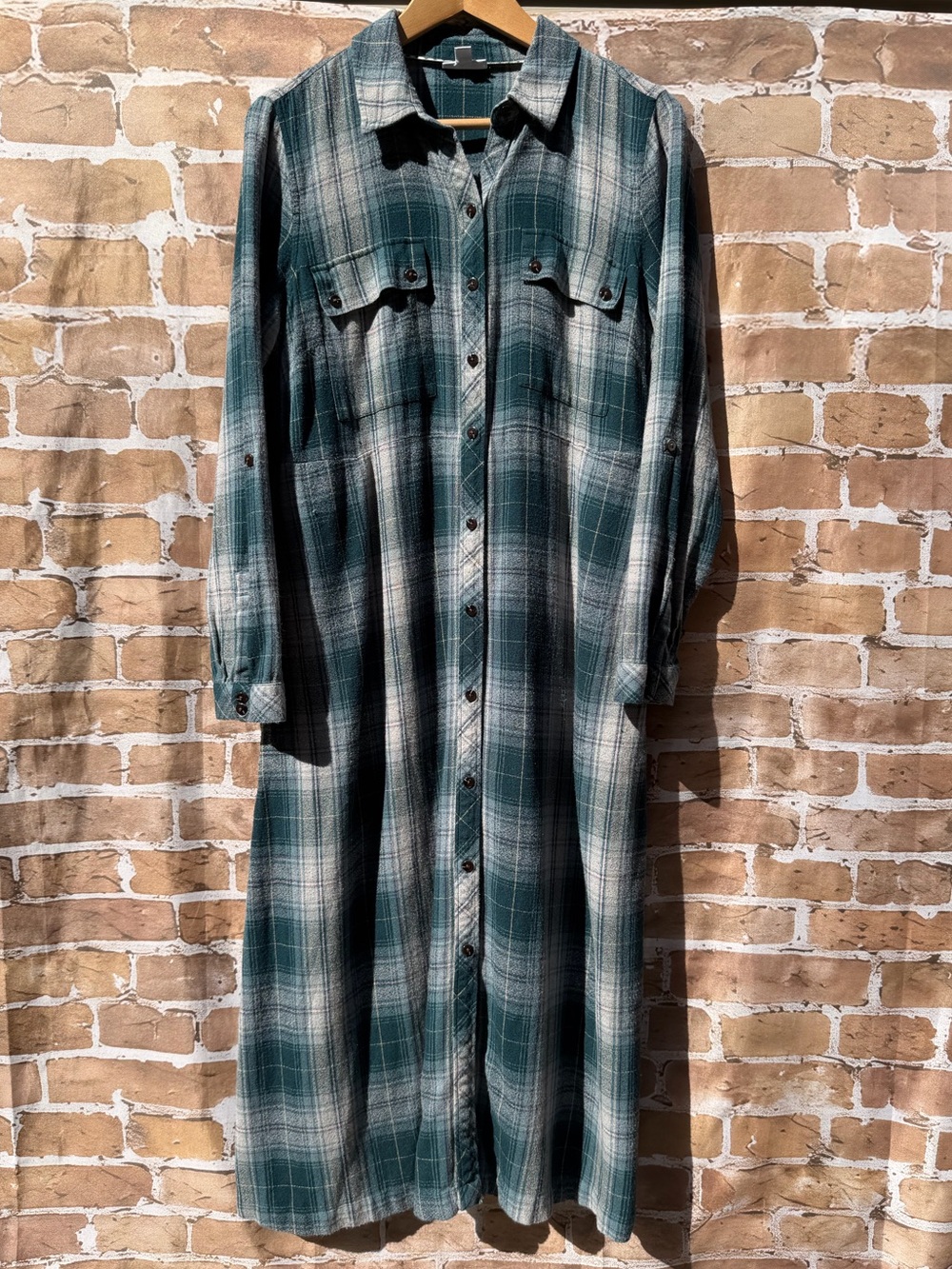 J. Jill M Teal Cream Fall Plaid Button-Front Midi shirt Dress - Picture 2 of 6